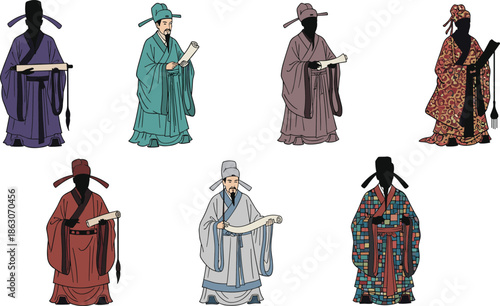 Ancient Chinese scholars and officials wearing traditional hanfu robes, holding scrolls, historical costume vector illustration collection set