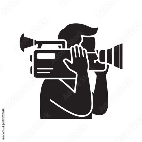 Cameraman with vintage camera in silhouette style with black and white color in graphic illustration for media production