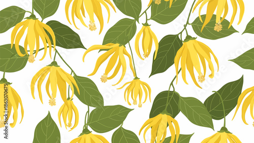 Yellow Honeysuckle Flowers with Green Leaves Pattern.