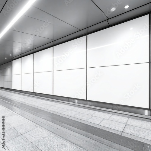 Large blank digital displays line a modern corridor, sleek and minimalistic