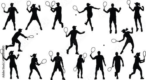 Silhouettes of tennis players in dynamic poses serving, swinging rackets, hitting balls, showcasing athletic sports energy and competitive performance