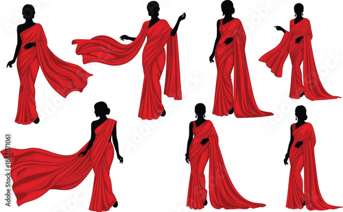 Elegant red saree fashion silhouettes, Indian traditional women drape poses, flowing fabric vector illustration set, isolated modern ethnic style