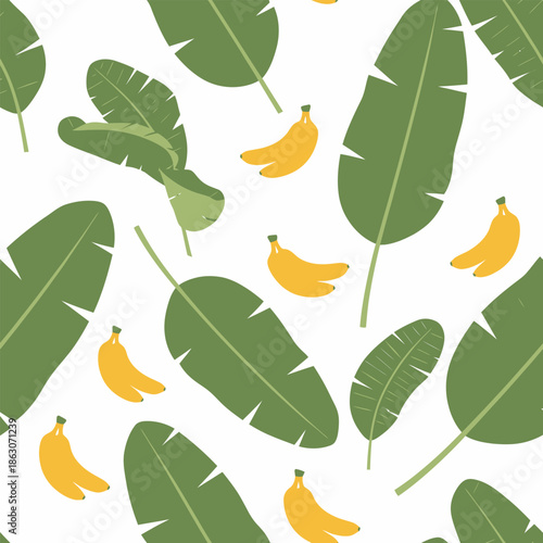 Green banana leaves with yellow bananas illustration.
