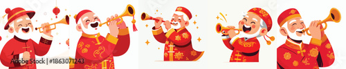 vector half body of a grandfather blowing a Chinese New Year trumpet