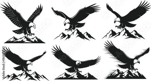 Flying eagle silhouettes over mountains, powerful bald eagle vector collection, black bird illustration isolated on white background
