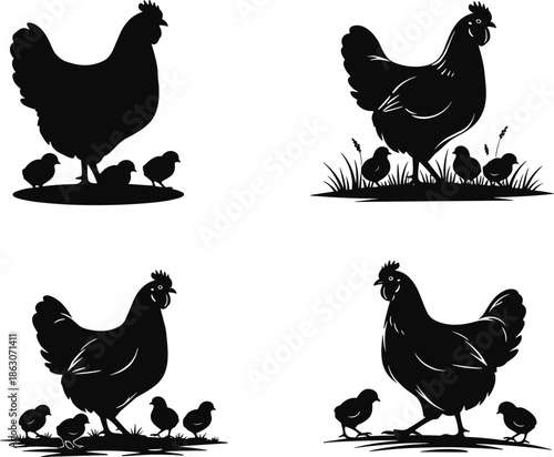 Hen and chicks silhouettes collection, farm poultry family illustration, black chicken vector set isolated on white background design