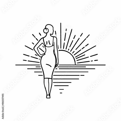 a woman with a beautiful figure admires the dawn. icon/logo