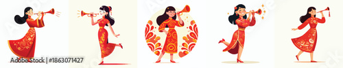 vector of a woman blowing a Chinese New Year trumpet