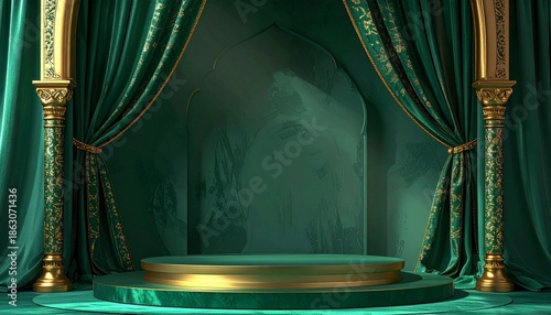 Luxurious green stage with golden pedestal and curtains.