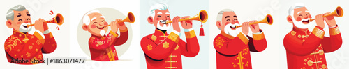 vector half body of a grandfather blowing a Chinese New Year trumpet