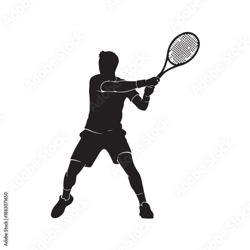 Tennis Player Silhouette in Dynamic Action with High Contrast Lighting on White Background for Sports Illustration