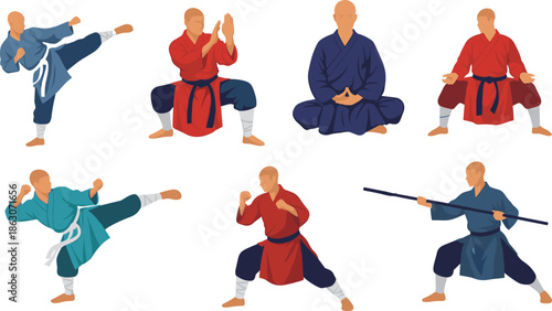 Martial arts monk character poses collection, kung fu karate training stances, meditation and combat moves, flat vector illustration set, design