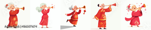 vector of a grandmother blowing a Chinese New Year trumpet