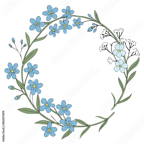 Forget-Me-Not Wreath, Blue Flowers, Floral Frame, Botanical Illustration, Vector