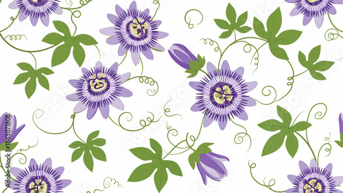 Purple Flowers and Green Leaves Pattern.