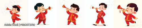 vector of a little boy blowing a Chinese New Year trumpet