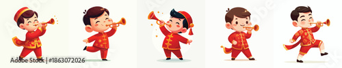 vector of a little boy blowing a Chinese New Year trumpet