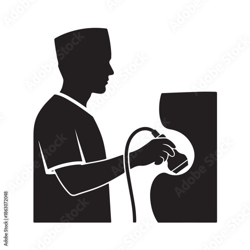 Male Doctor Using Ultrasound Machine in Simple Silhouette Style with High Contrast Lighting on White Background for Medical Illustration