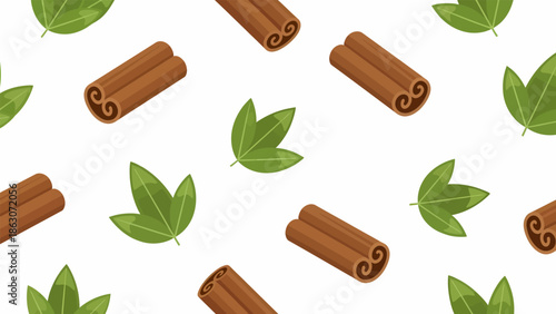 Cinnamon Sticks and Green Leaves Pattern.