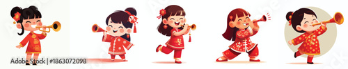 vector of a little girl blowing a Chinese New Year trumpet