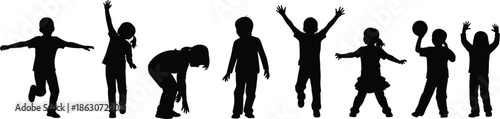 Vector illustration of kids playing, jumping with joy, happy children silhouette in motion, outdoor activity fun, group of active cartoon figures