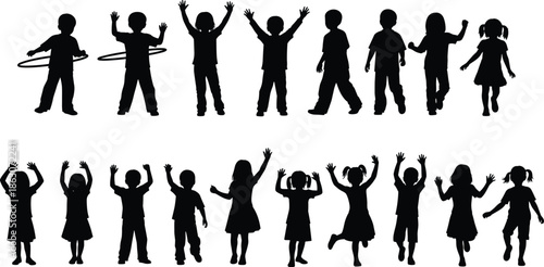 Vector illustration of multiple kids silhouettes jumping, dancing, hula hooping, and playing together, perfect for school, playground, or children’s activity design content.