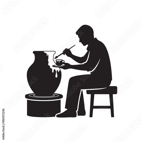 Potter at work in silhouette with black clay on potters wheel in simple illustration for craft