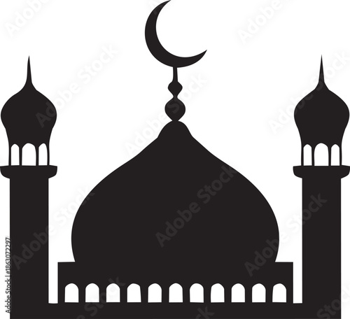 Silhouette of a mosque with crescent moon above the dome between two minarets