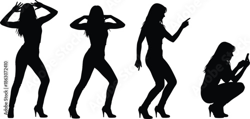 Vector Silhouette of Woman in Various Poses, Dancing, Pointing, and Using Phone, Female Figure Illustration for Fashion, Lifestyle, or Social Media Content