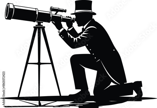 Vintage Silhouette of Gentleman Looking Through Telescope, Vector Illustration Representing Astronomy, Exploration, Science, Discovery, History, Vision, Curiosity, and Antique Technology Concepts