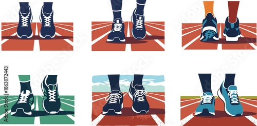 Running shoes on track illustration, athlete footwear perspective, marathon training concept, fitness motivation, sports activity, sprint race preparation artwork