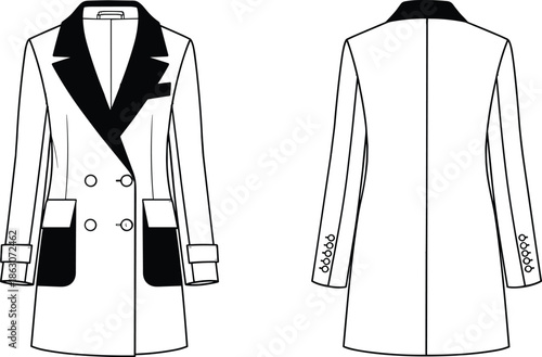 PrintWomen's double-breasted coat fashion technical sketch, front and back view, vector illustration, garment construction, tailoring design, stylish outerwear, apparel template