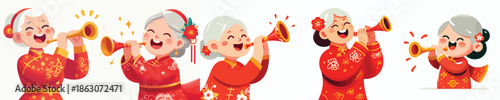 vector half body of a grandmother blowing a Chinese New Year trumpet