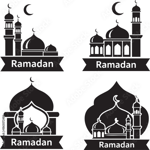 Ramadan themed mosque illustrations featuring crescent moon and domes in various styles