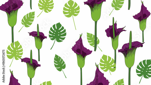Purple Calla Lilies and Monstera Leaves Pattern.