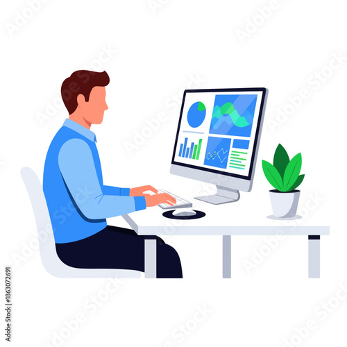 Man working on computer with financial charts and graphs on screen, modern office illustration