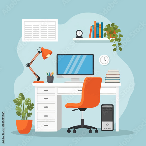 Modern home office desk setup with computer, lamp, chair, plants, and books on light blue background.