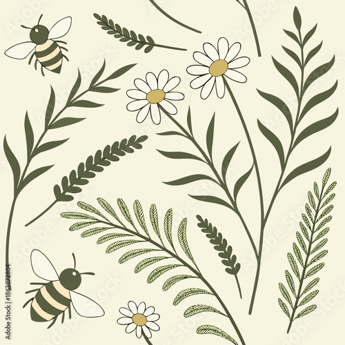 Floral Vector Pattern with Bees, Daisies, and Greenery - Seamless Design