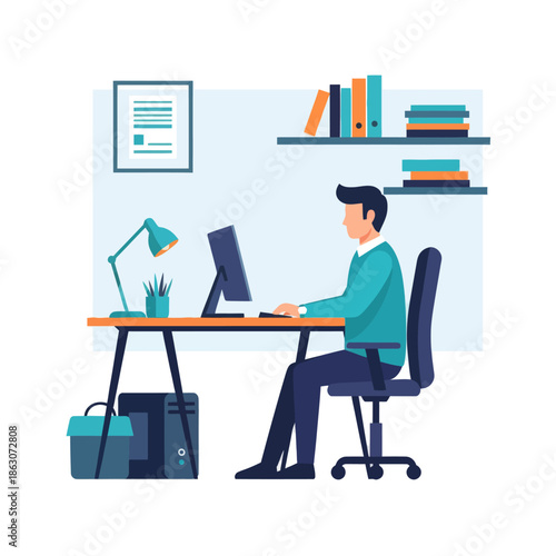 Man Working on Computer at Desk in Modern Office