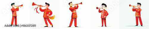 vector of a man blowing a Chinese New Year trumpet