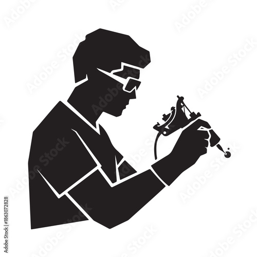 Tattoo Artist at Work in Modern Minimalist Silhouette with Dramatic Lighting on White Background for Tattoo Studio Promotion