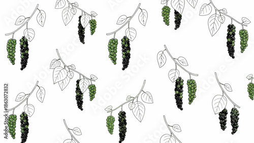 Mulberry Fruits and Leaves Illustration Pattern.