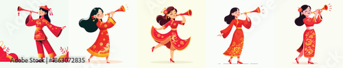 vector of a woman blowing a Chinese New Year trumpet