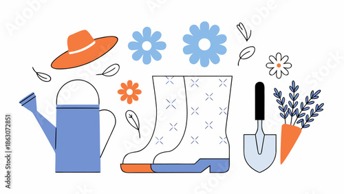 Gardening Tools Illustration Flowers, Boots, Hat, Watering Can, Shovel