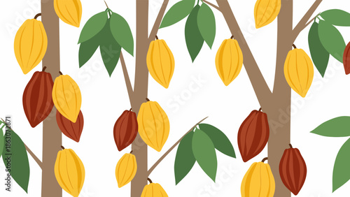 Cacao Tree with Pods and Leaves.
