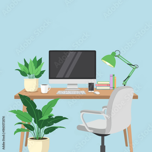 Modern Home Office Setup with Computer, Desk, Chair, Plants, and Lamp