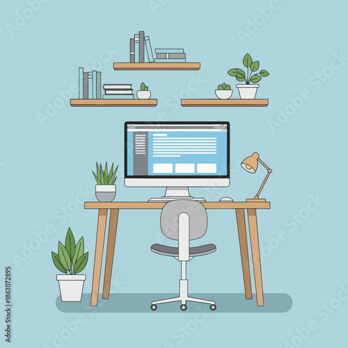 Modern minimalist home office setup with computer, desk, chair, plants, and books on shelves.