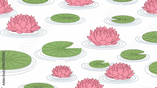 Pink Water Lilies and Leaves Pattern.