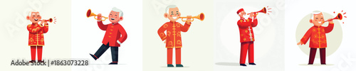vector of a grandfather blowing a Chinese New Year trumpet