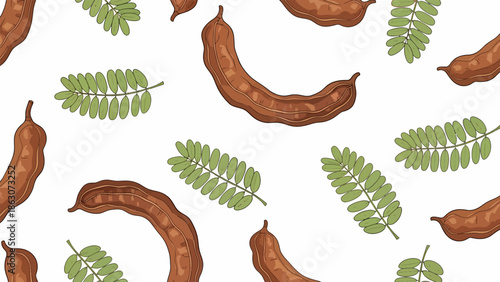 Tamarind Fruits and Leaves Pattern Illustration.